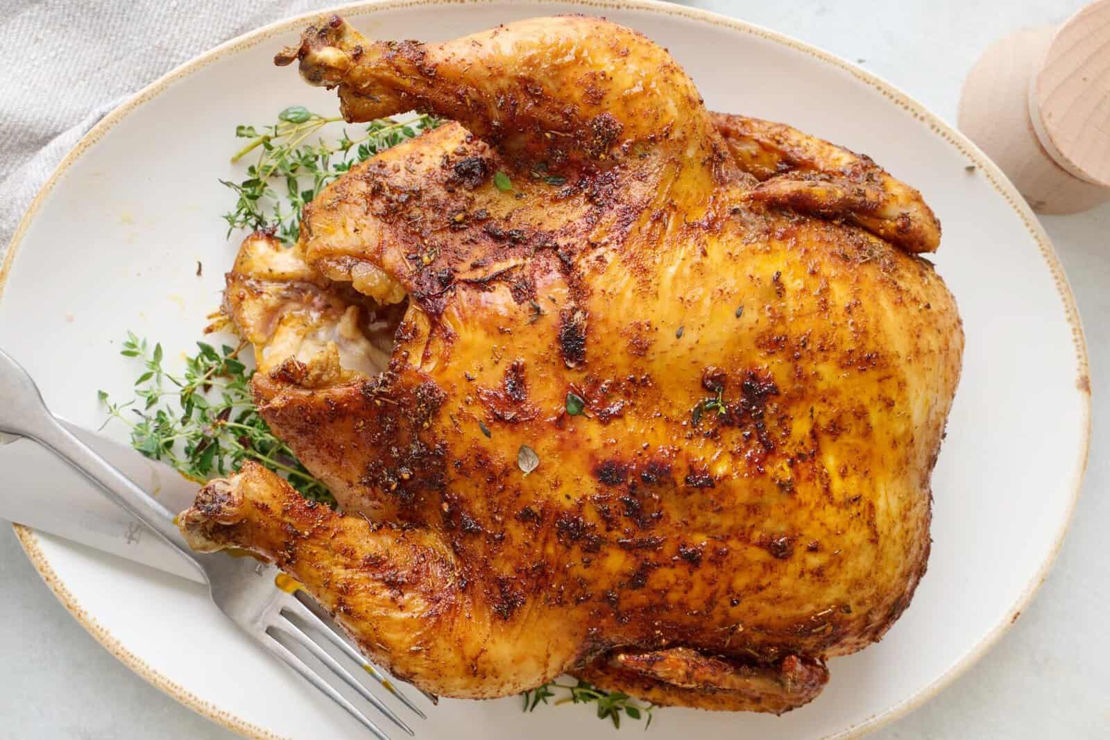 Whole air fried chicken on a serving platter.