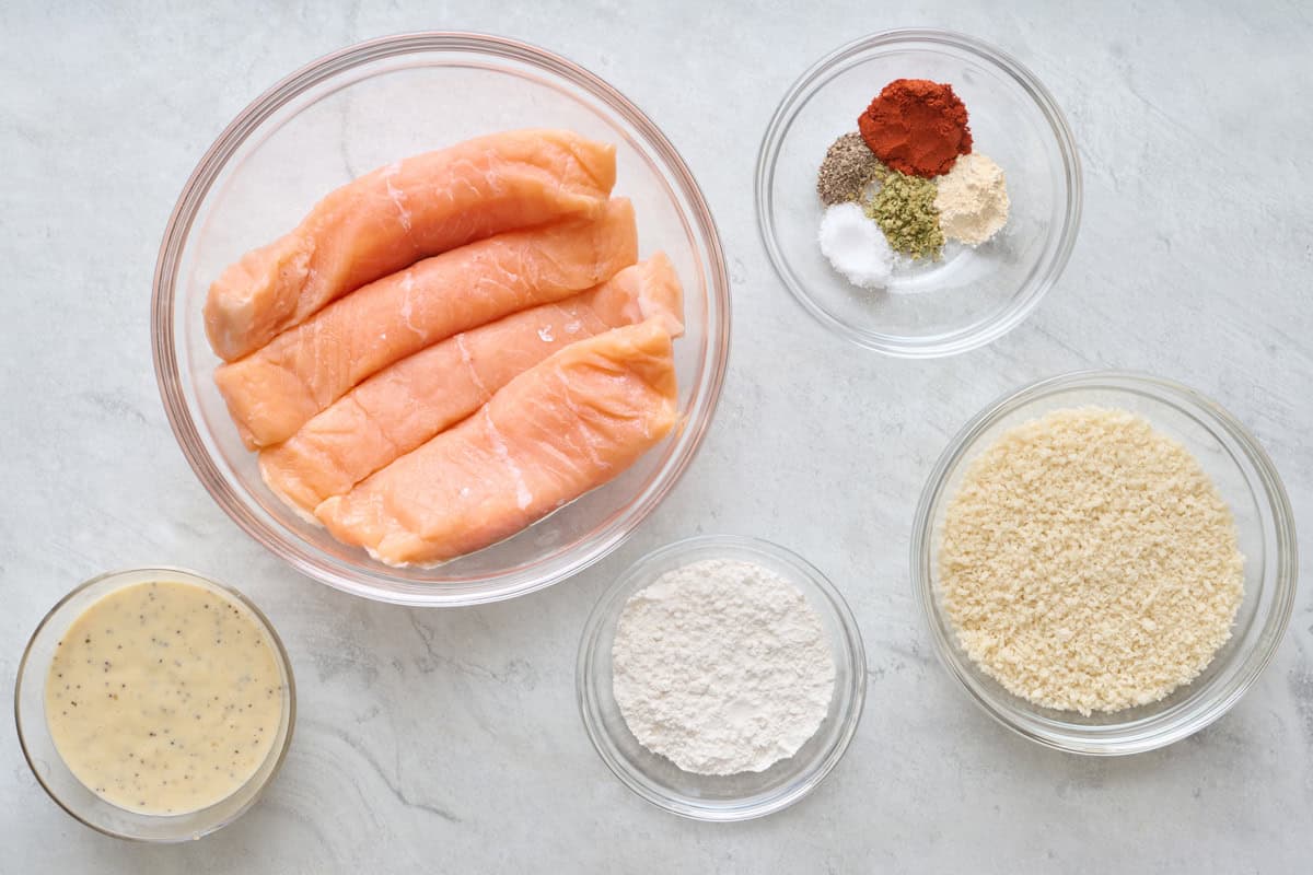 Ingredients for recipe: salmon fillets, spices, Chosen Foods everything bagel sauce, flour, and breadcrumbs.