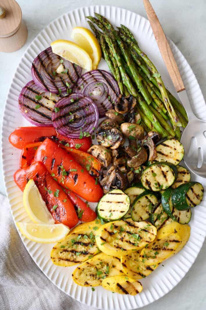 Grilled vegetables on a large platter.
