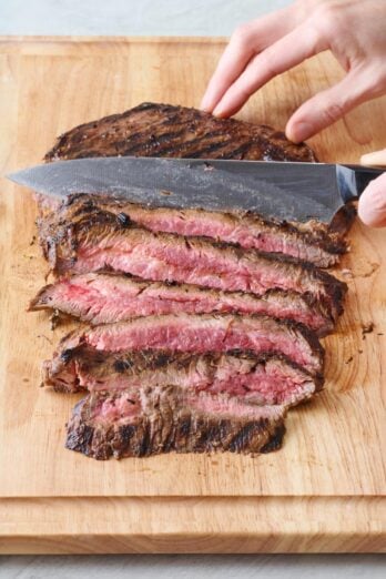 Slicing flank steak on a cutting board.