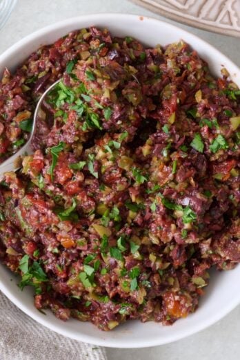 Olive tapenade in a bowl.