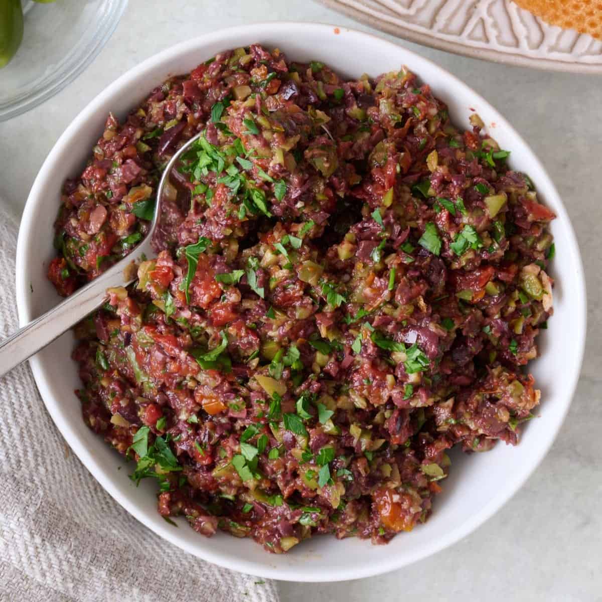 Olive tapenade in a bowl.