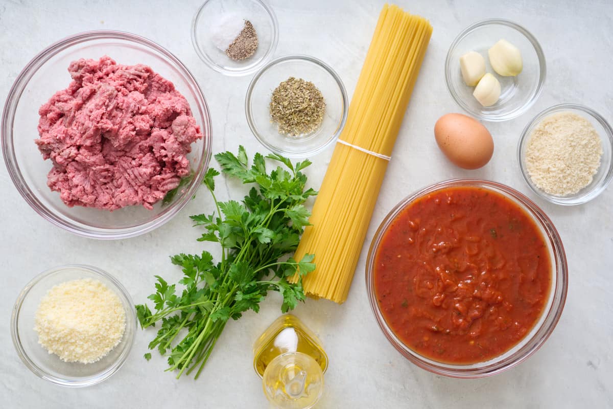 Ingredients for recipe: ground beef, parmesan cheese, spices, herbs, spaghetti, tomato sauce, oil, egg, garlic, and breadcrumbs.