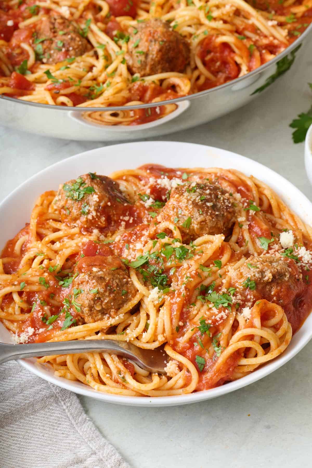 Spaghetti and meatballs in a bowl.