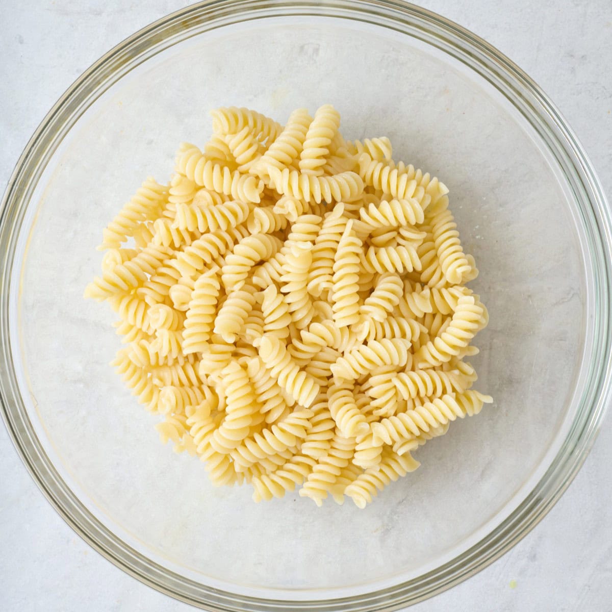 Cooked pasta in a bowl.