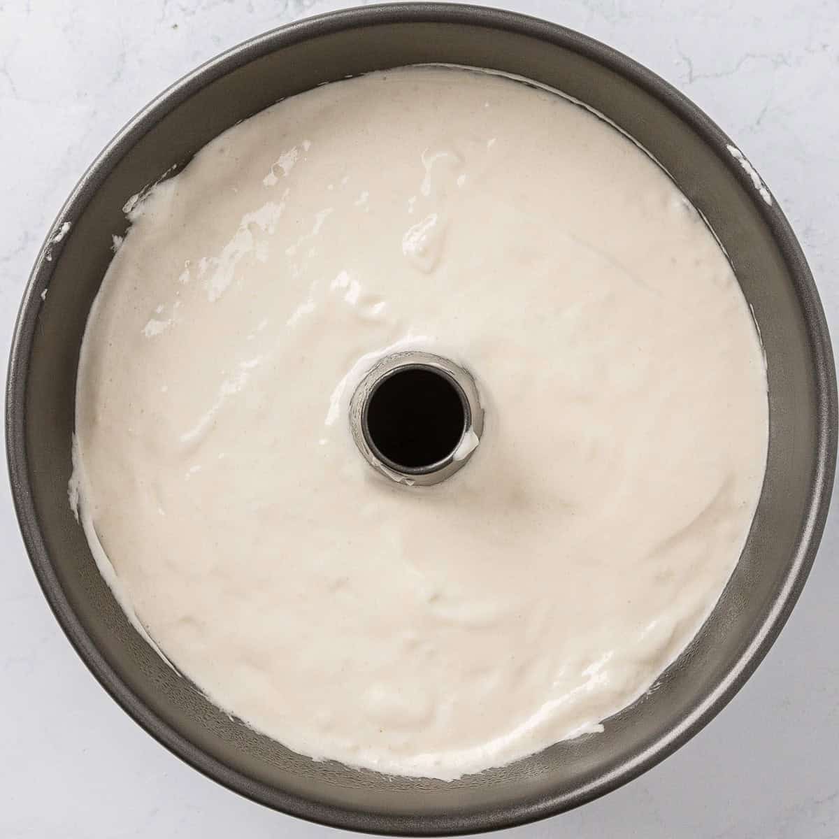 Batter added to the baking pan.