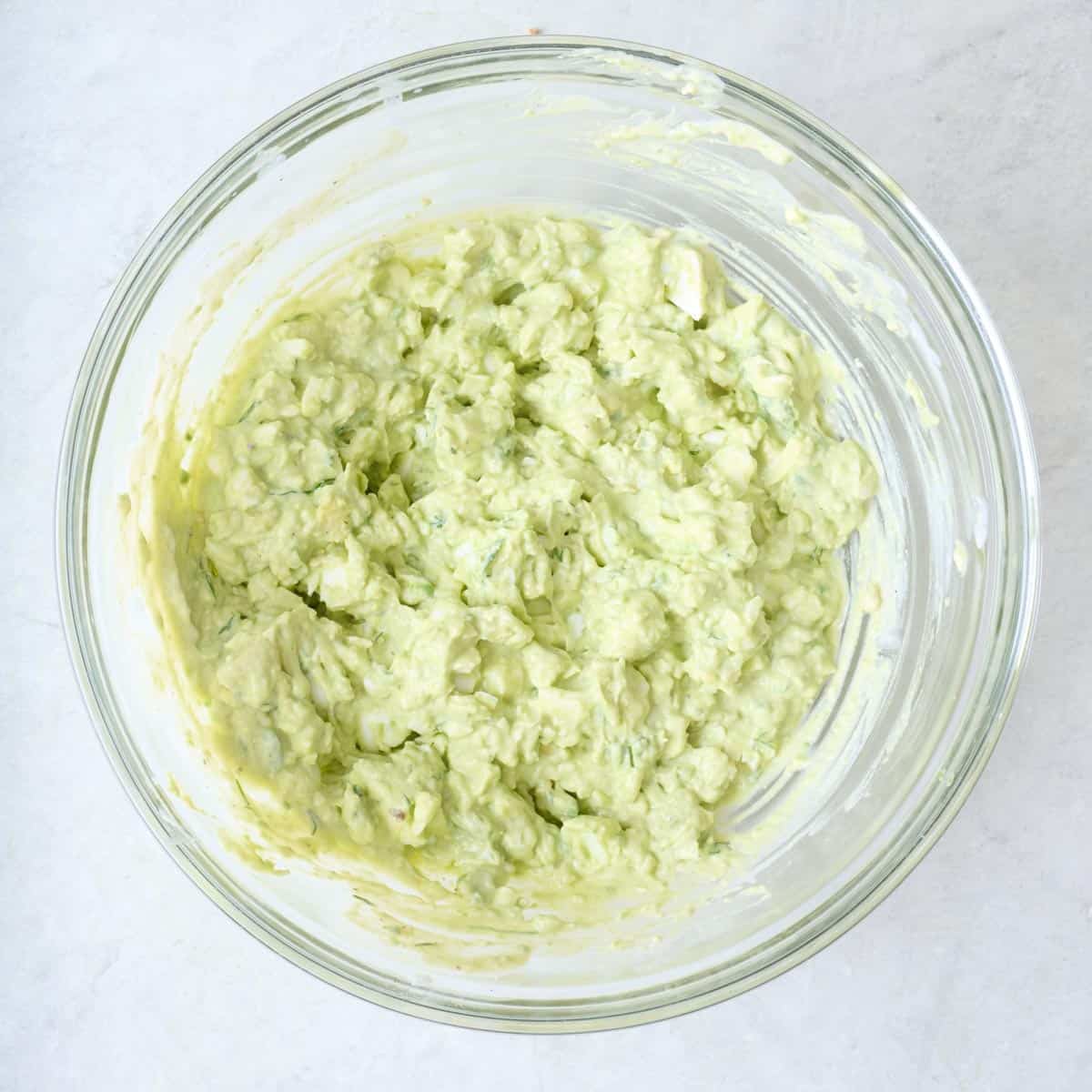 Salad mixture after mashing with eggs and avocado.