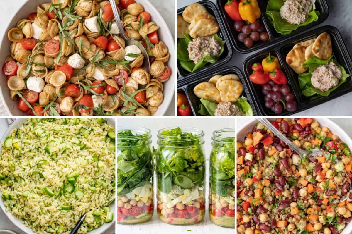 5 image collage of salad packable salad recipes.