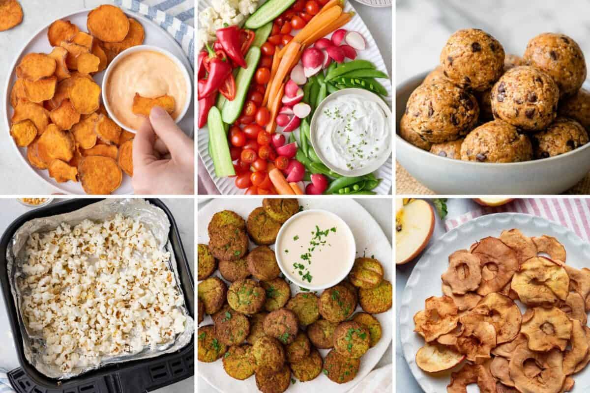6 image collage of snack food ideas to pack on a beach trip.