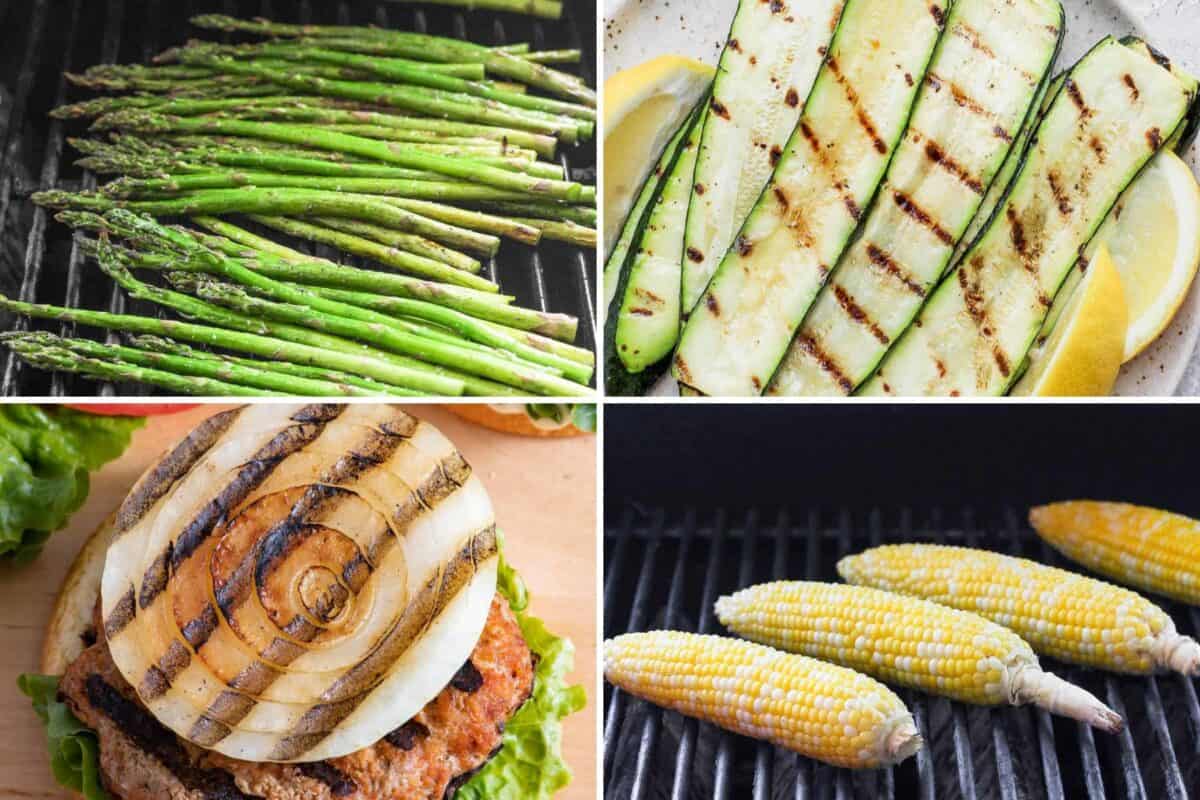 4 image collage of classic vegetable grilling recipes.