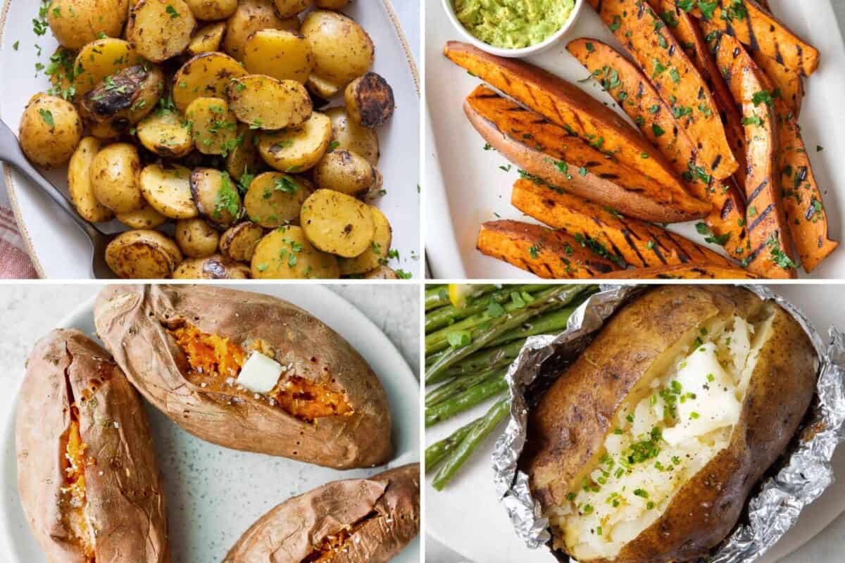 4 image collage of potato recipes to grill.