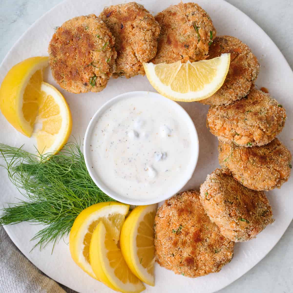 Salmon patties recipe with a homemade creamy dip.