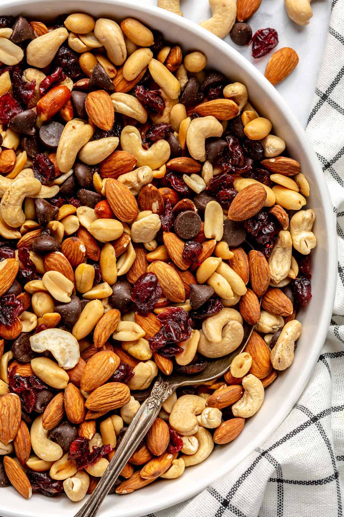 Trail mix with cashews, almonds, peanuts, dried cranberries, and chocolate chips.