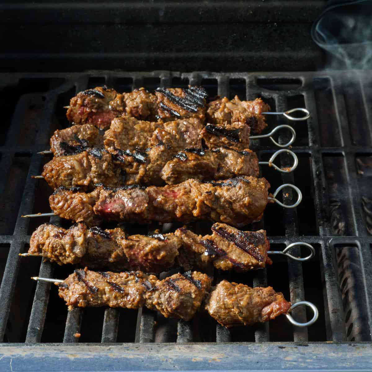 Beef skewers on grill after cooking.