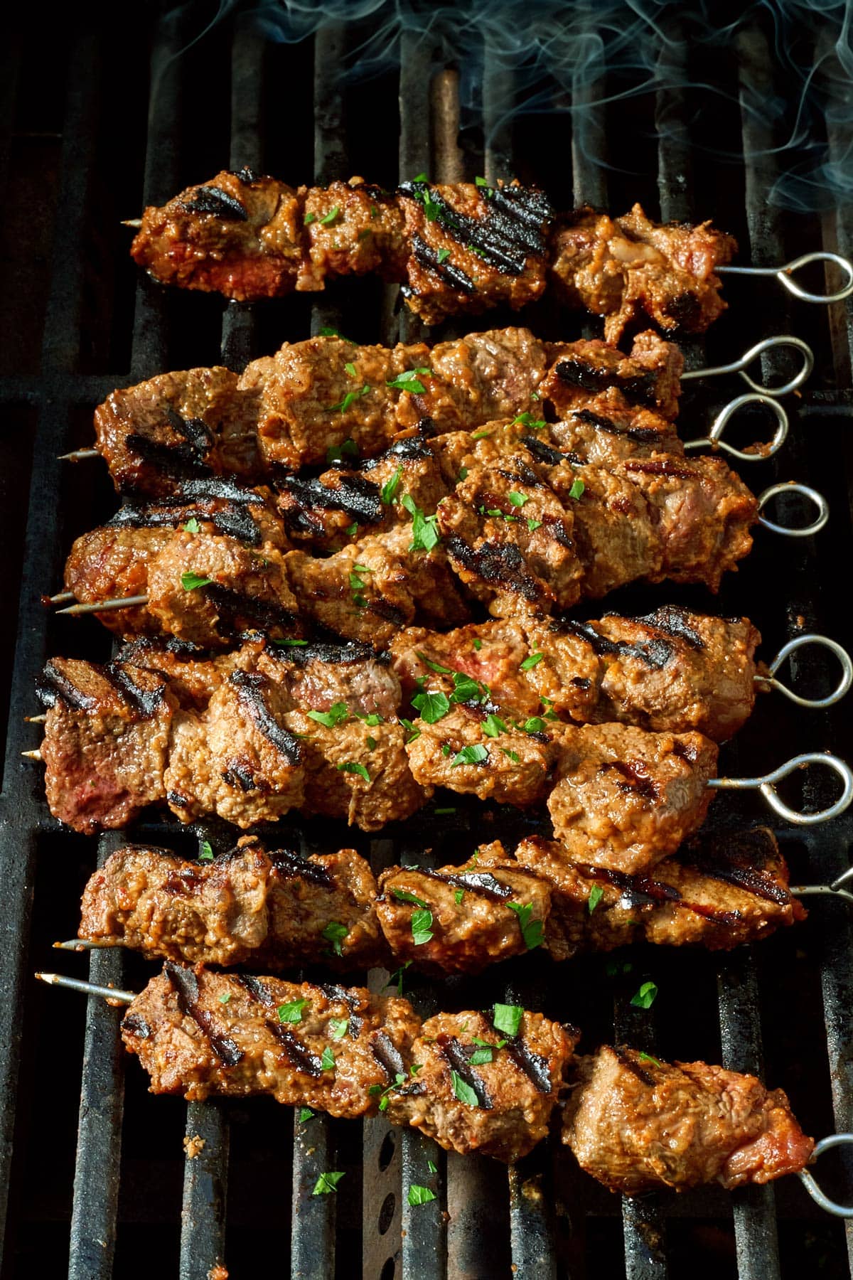 West African beef kabobs on a grill.