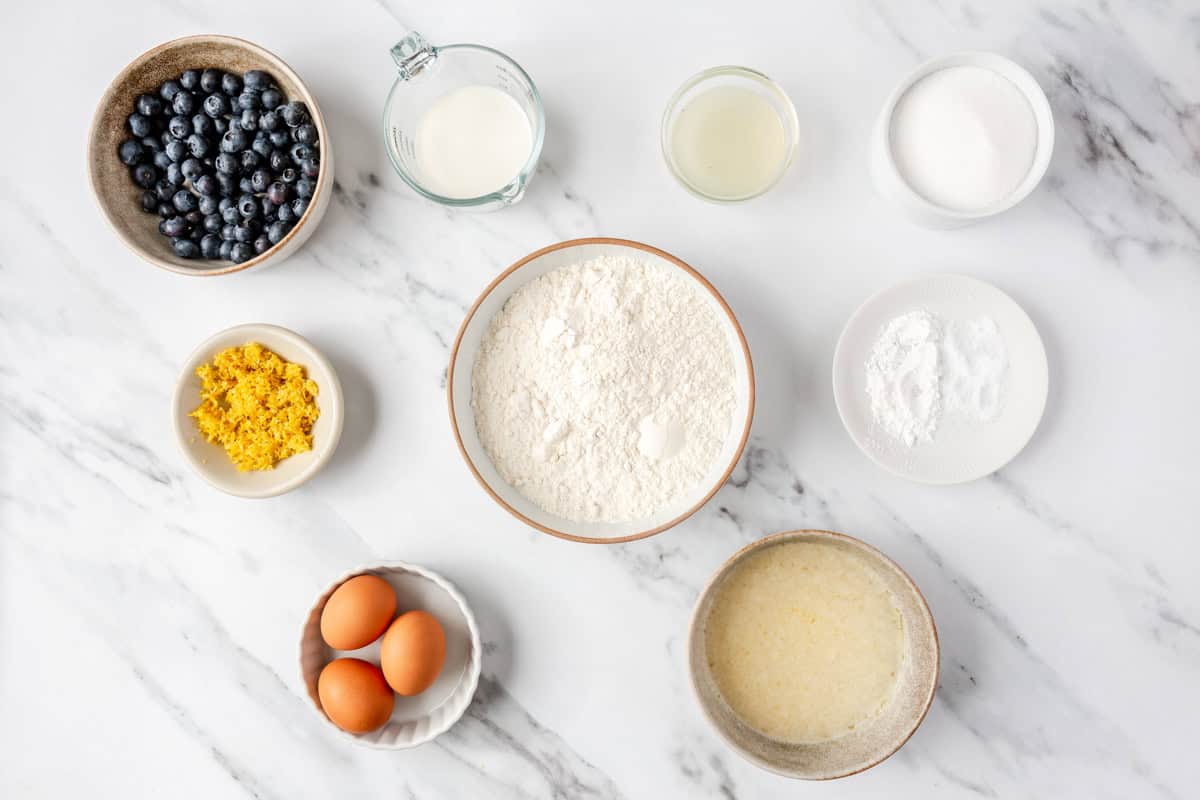 Ingredients for recipe in individual bowls: fresh blueberries, lemon zest, lemon juice, milk, sugar, baking powder and salt, eggs, and melted butter.