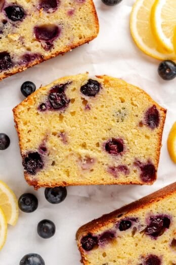 A few slices of lemon blueberry bread on parchment paper.