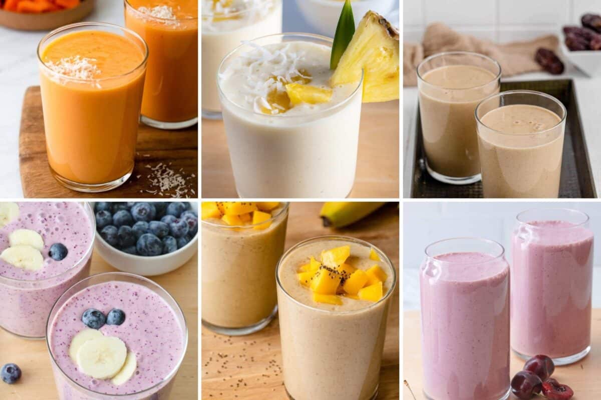 6 image collage of banana based smoothie recipes.