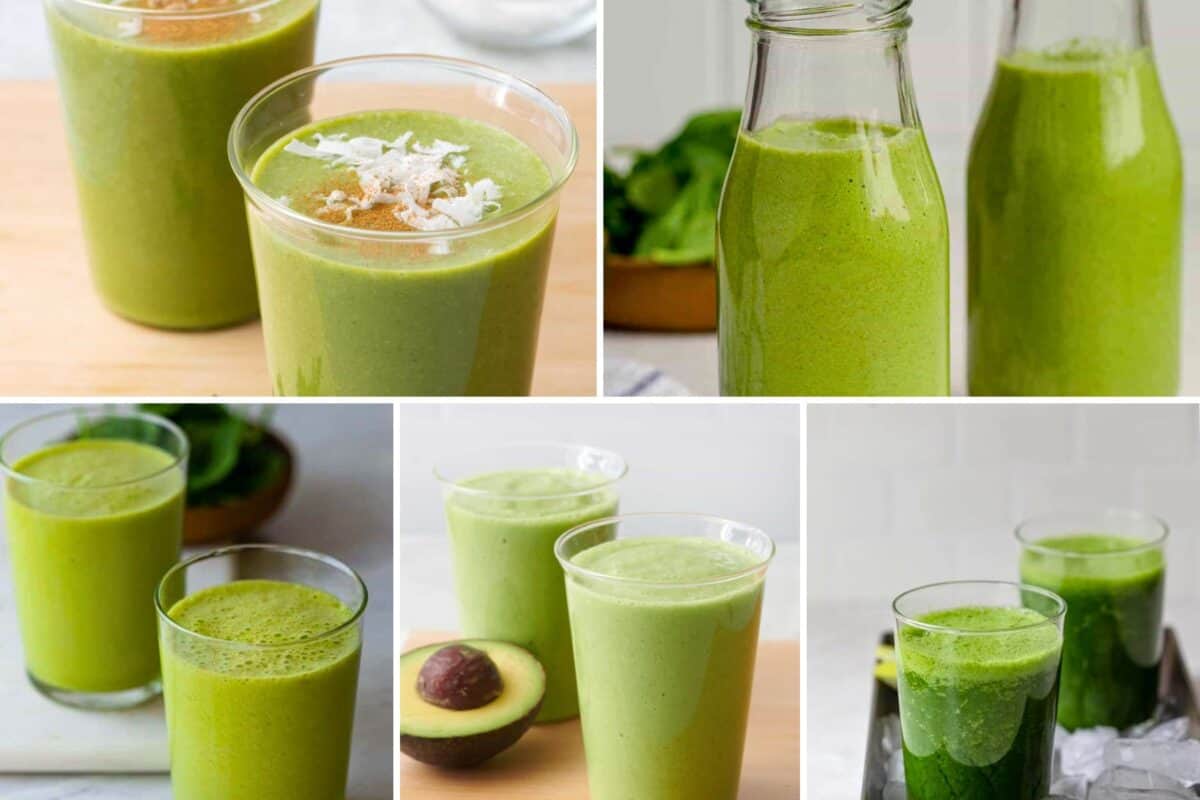 5 image collage of green smoothies.