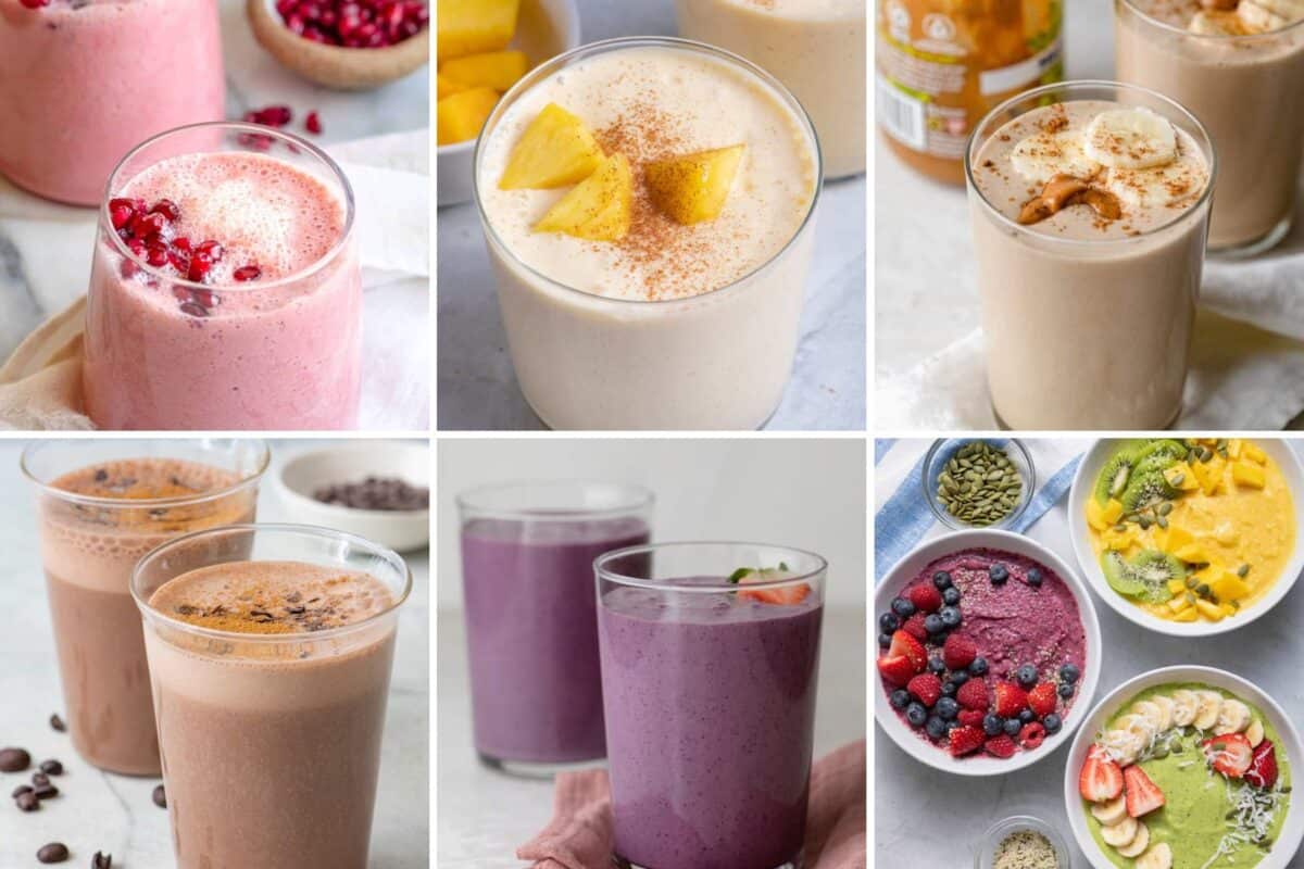 6 image collage of breakfast smoothies.