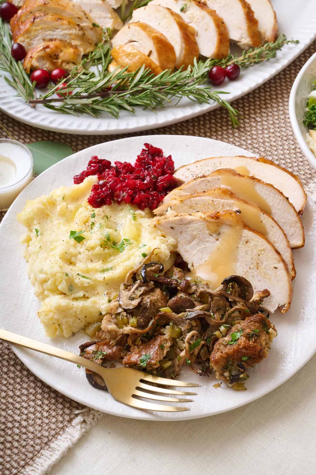 Sliced air fryer turkey breast with gravy on top. Mashed potatoes and cranberry sauce are beside it on the plate.