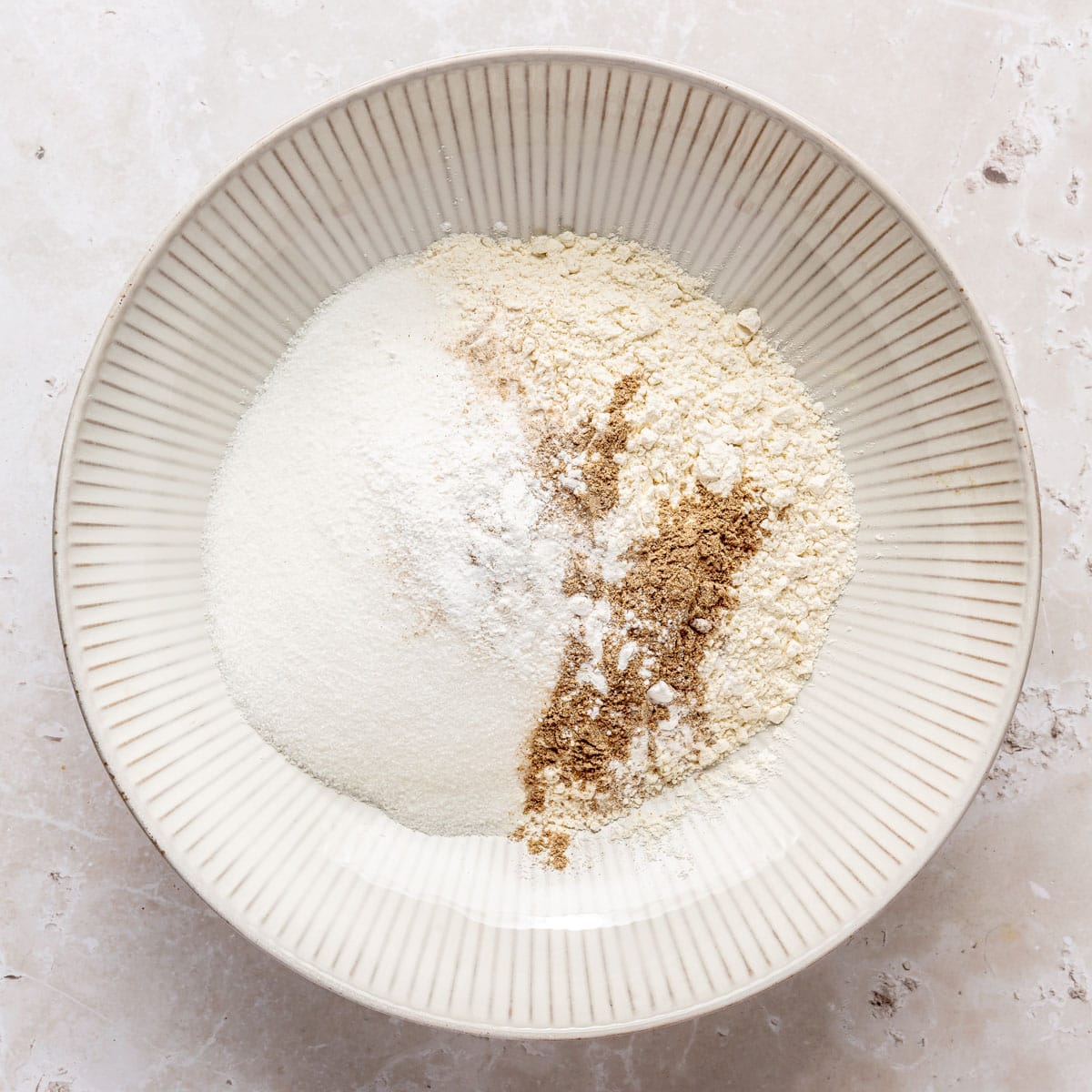 Dry ingredients in a mixing bowl.