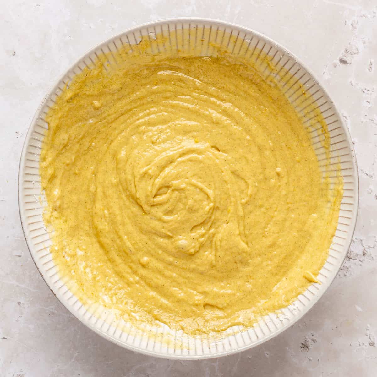 Cake batter in bowl after mixing.