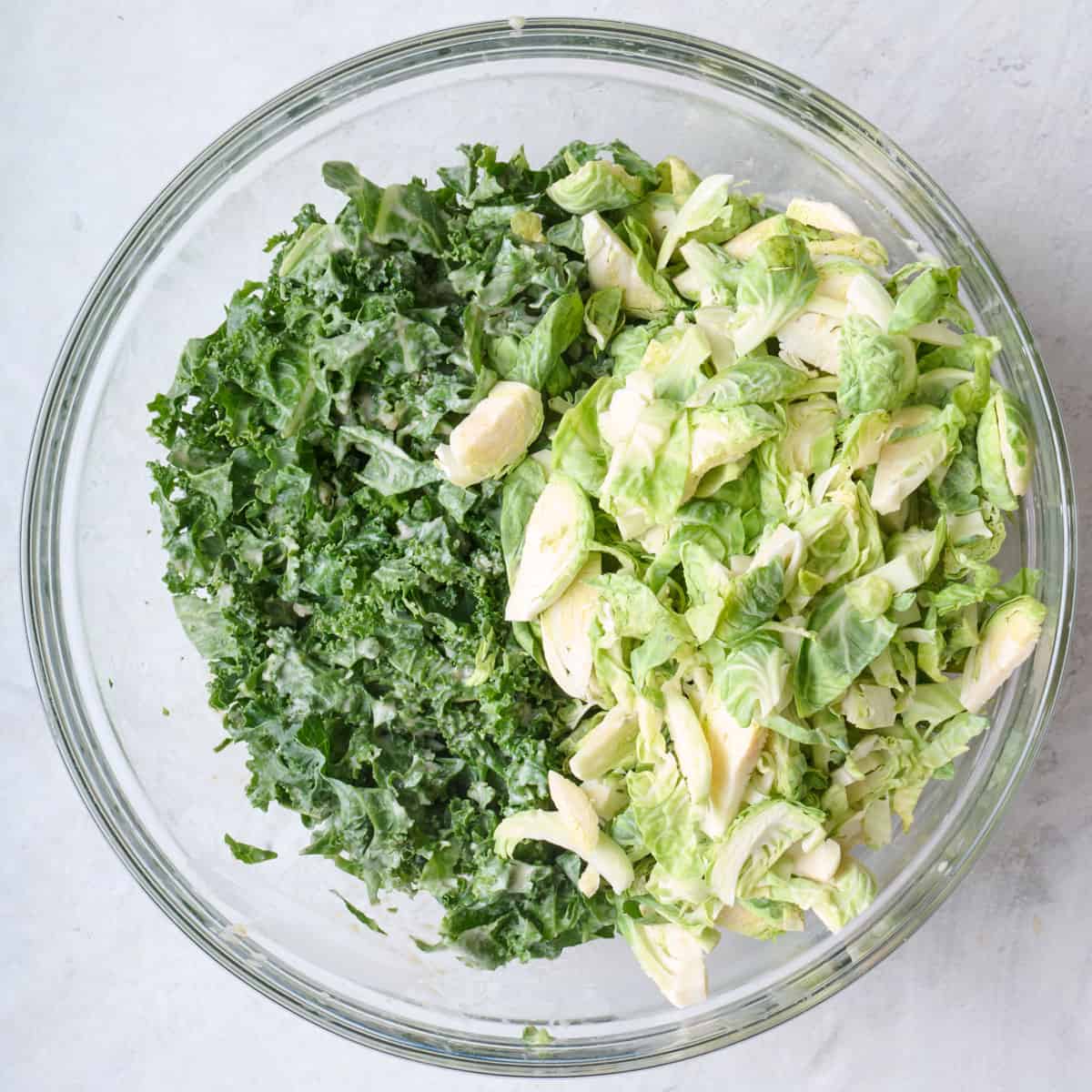 Chopped kale and shredded brussel sprouts in a bowl.