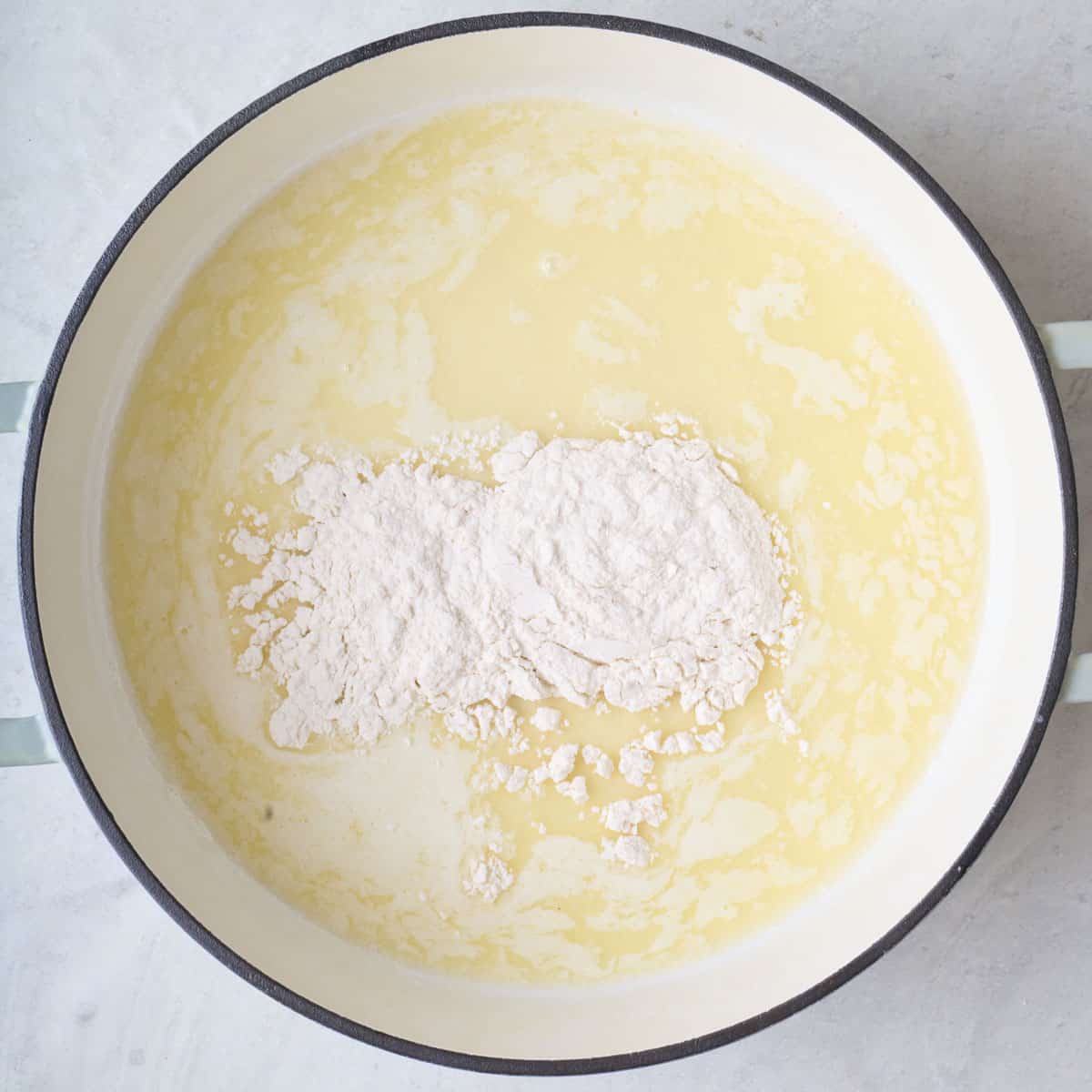 Melted butter and flour in the same pot used to cook pasta.