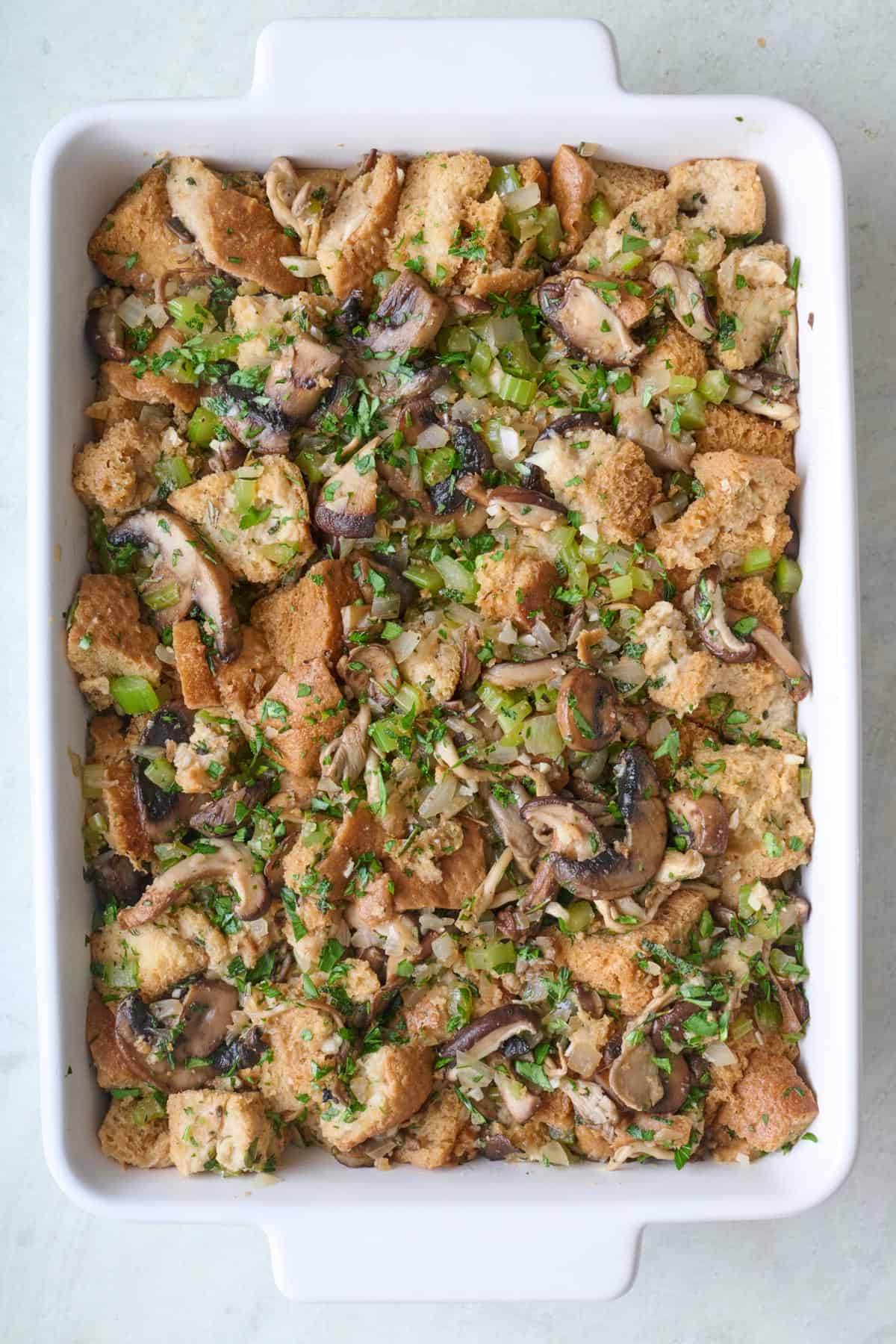 Stuffing mixture in a large baking dish.