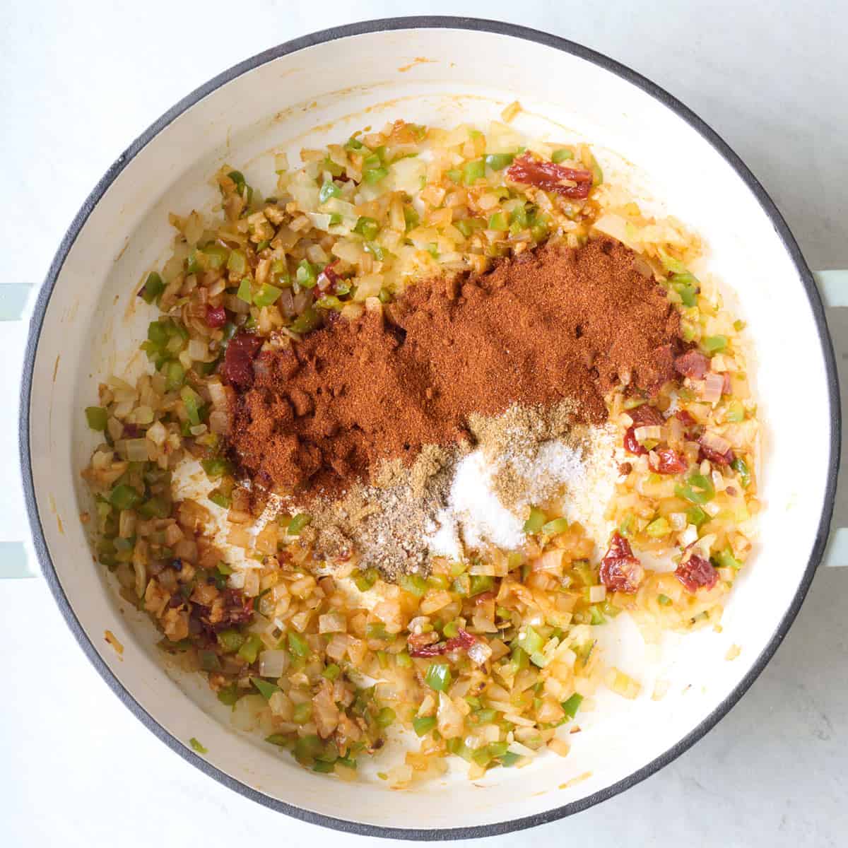 Spices added on top of cooked veggies.