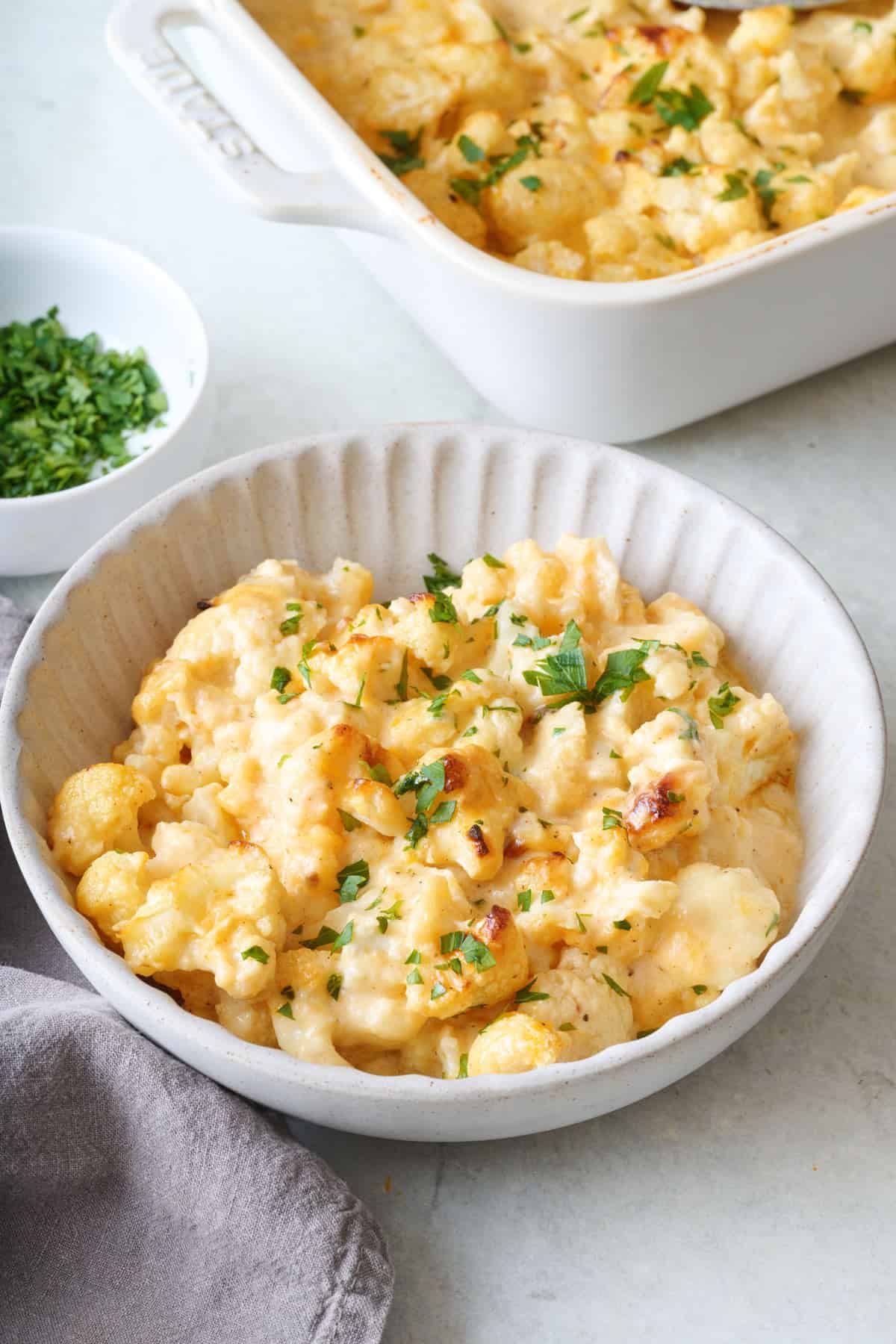 Roasted cauliflower mac & cheese recipe in a bowl.