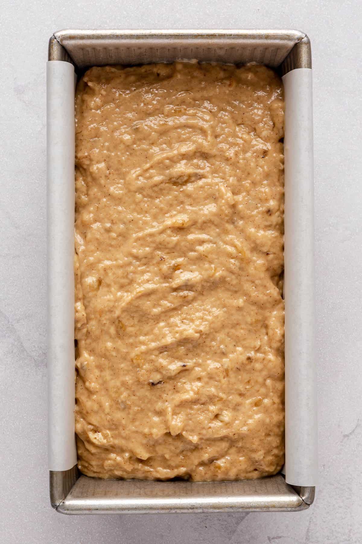 Batter in prepared loaf pan before baking.