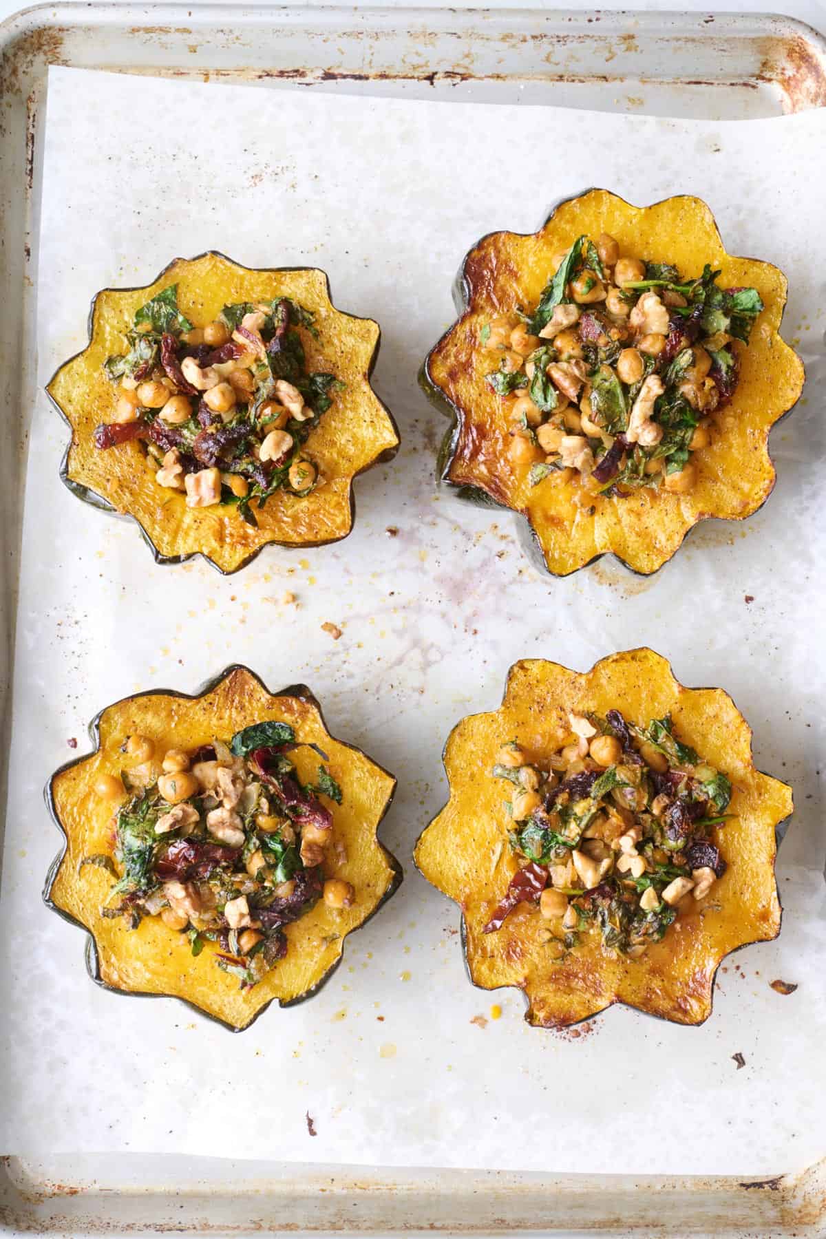 Chickpea and walnut filling stuffed in roasted squash.