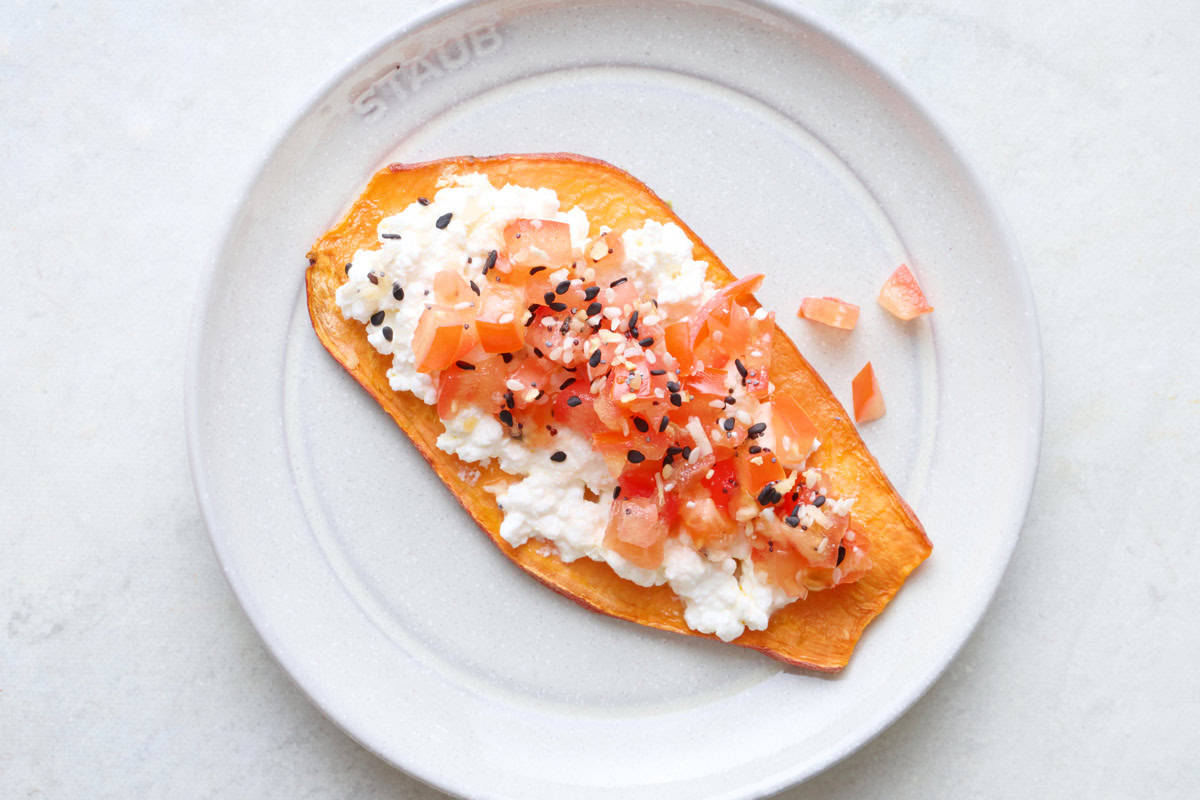 Cottage cheese with tomatoes and everything seasoning sweet potato toast.