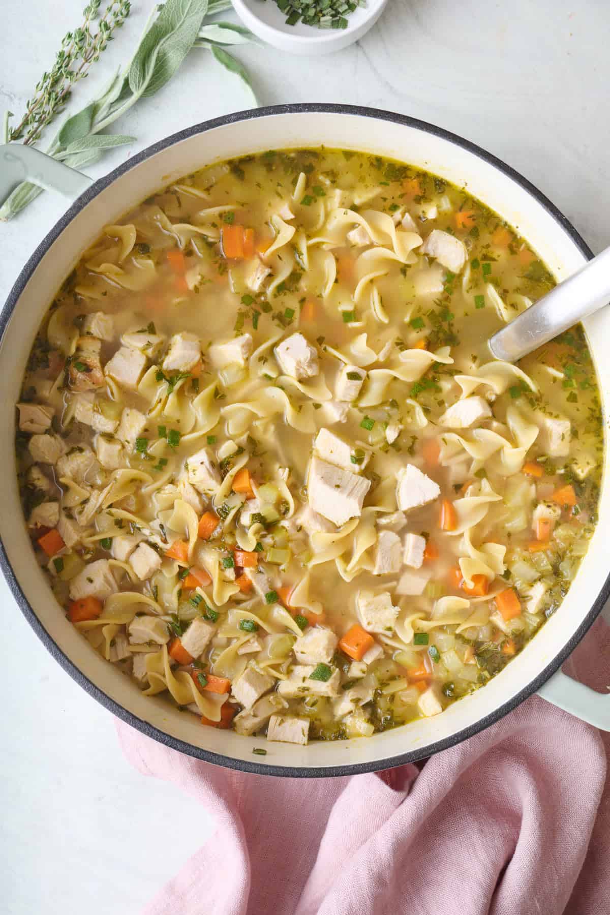 Turkey noodle soup in a pot with ladle dipped inside.