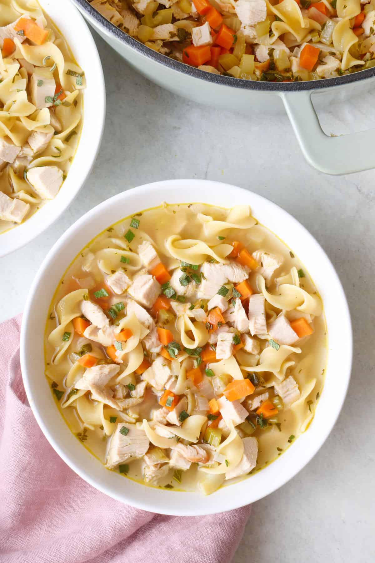 Bowl of turkey noodle soup with pot nearby.