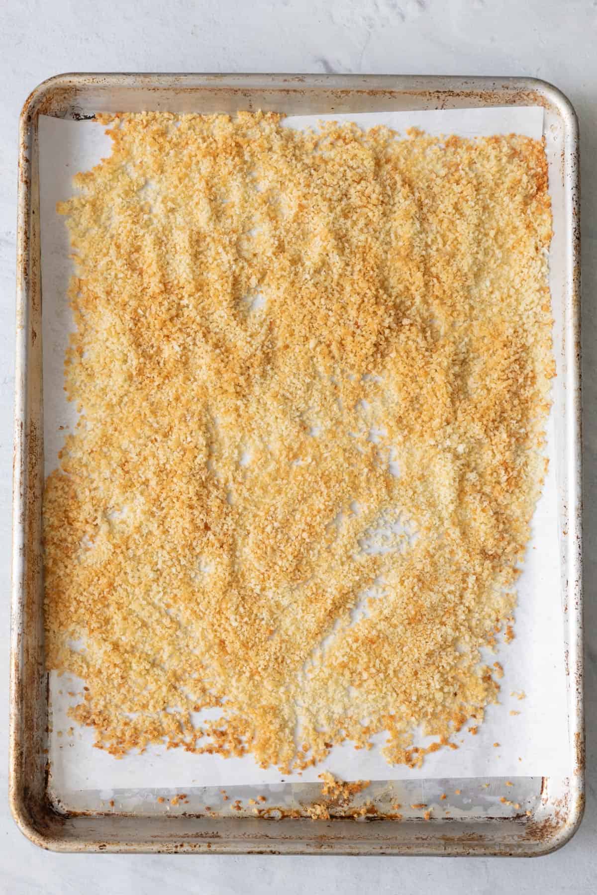 Panko breadcrumbs after toasting in the oven until golden brown.