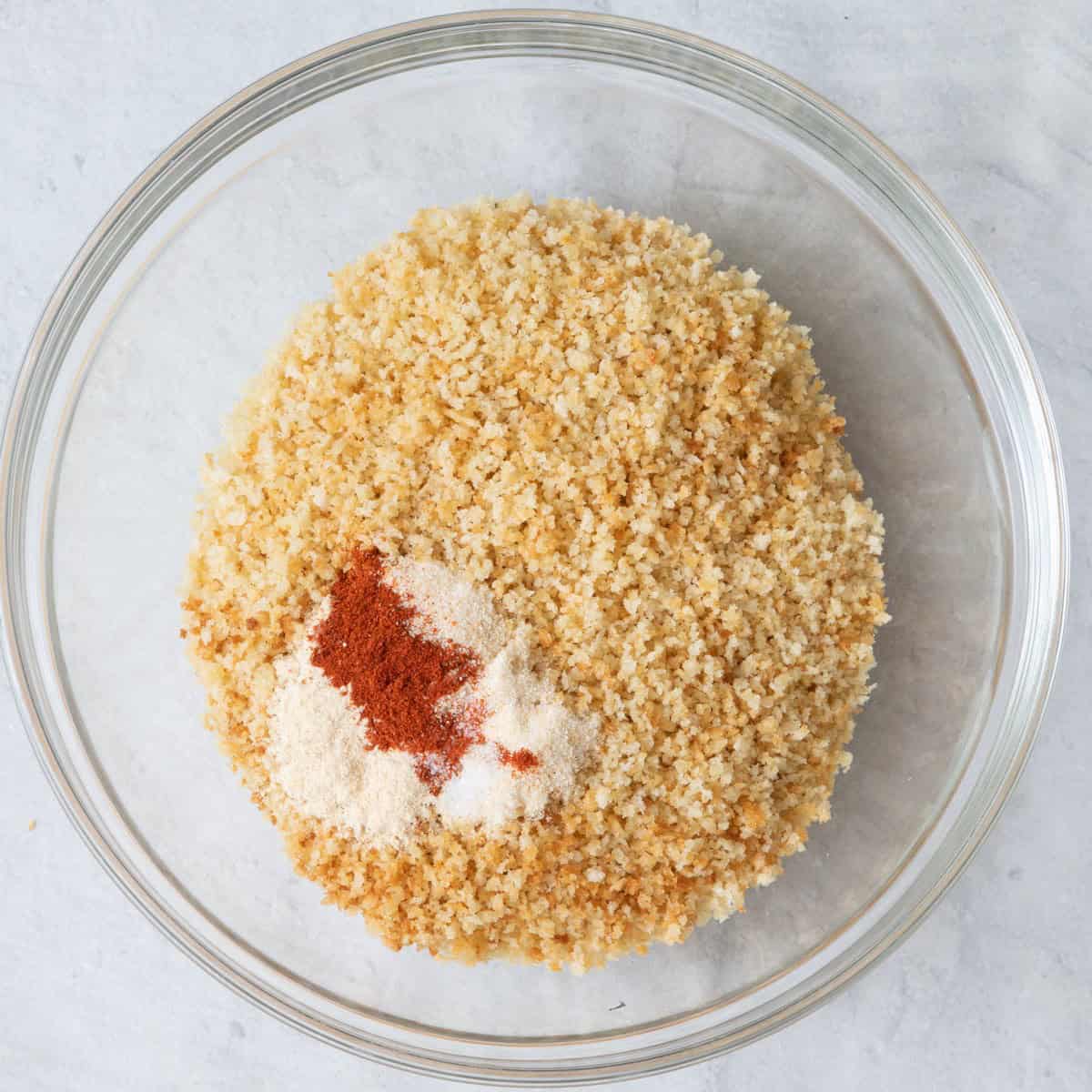 Toasted breadcrumbs and seasonings in a bowl.