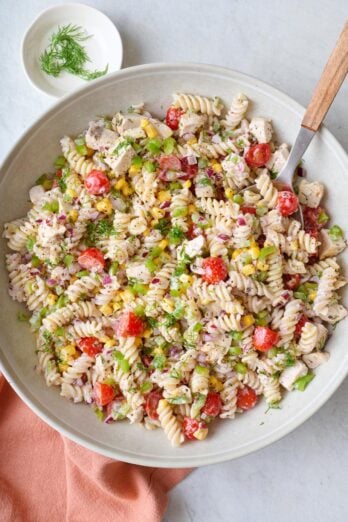 Chicken pasta salad recipe in a serving bowl.