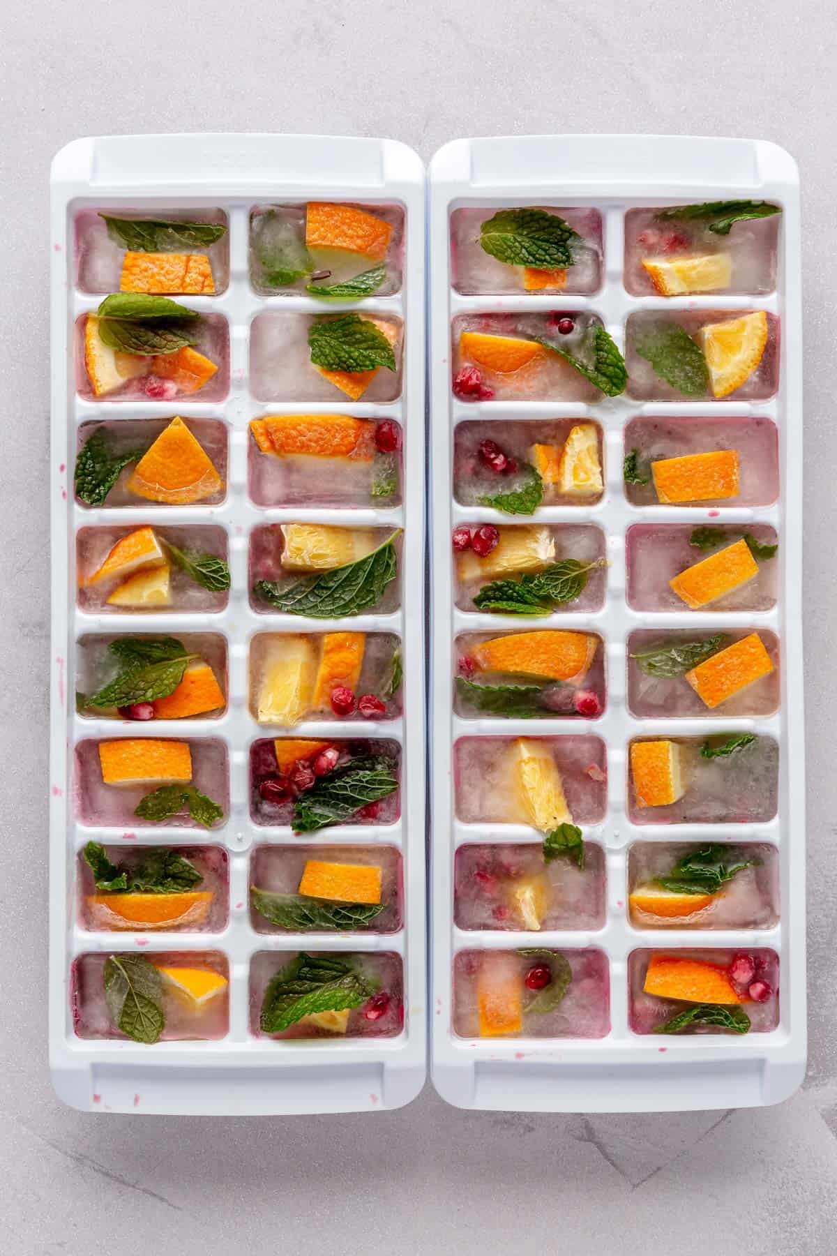 Ice cube trays filled with festive ice ingredients and water after freezing.