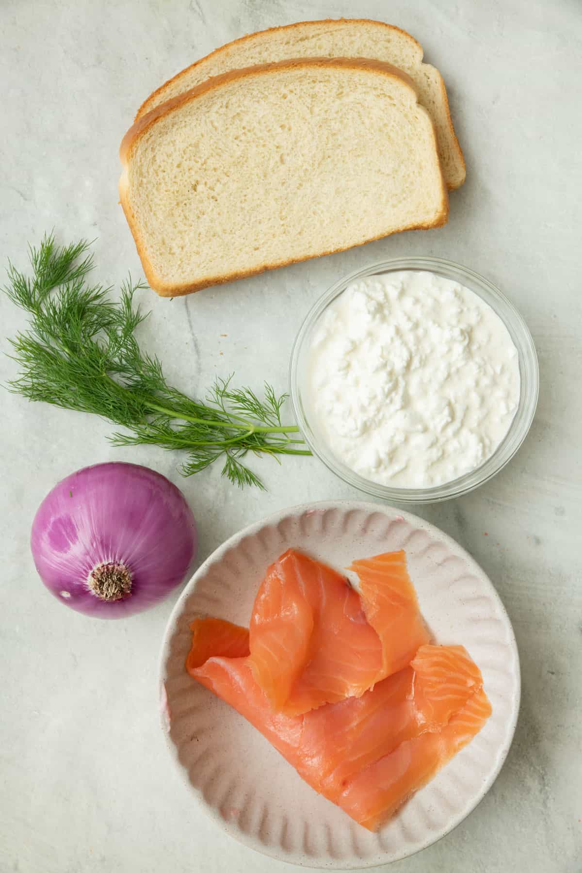 Ingredients for recipe: bread slices, cottage cheese, fresh dill, red onion, and smoked salmon.