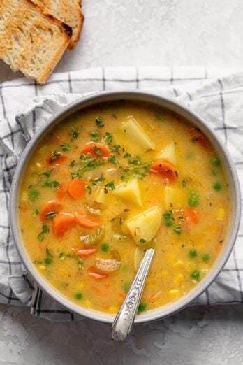 Creamy vegetable soup recipe in a bowl.