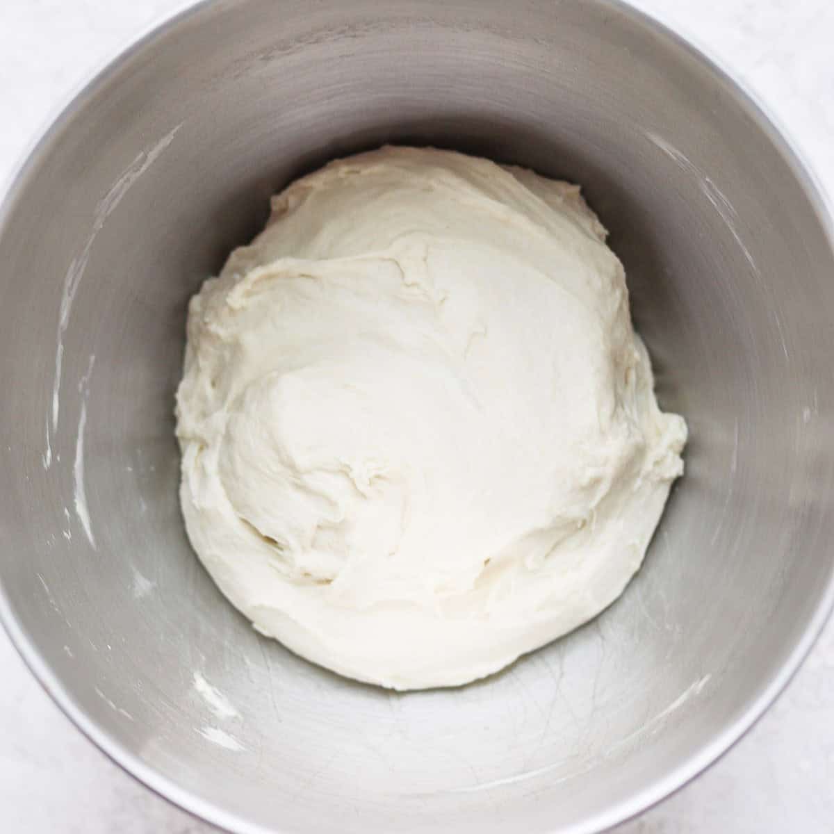 Mixed dough in bowl.