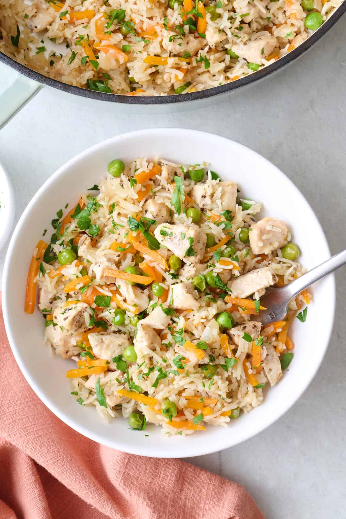 Serving of chicken and rice in a bowl with pot of recipe nearby.