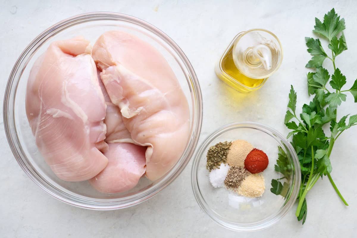 Ingredients for recipe: chicken breasts, oil, and spices.