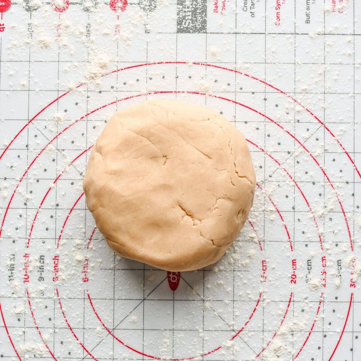 Cookie dough on a lightly floured surface pressed into a thick flat disk.