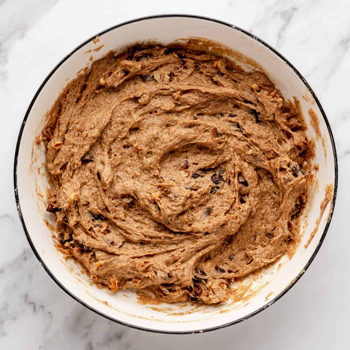 Final muffin batter in a bowl.