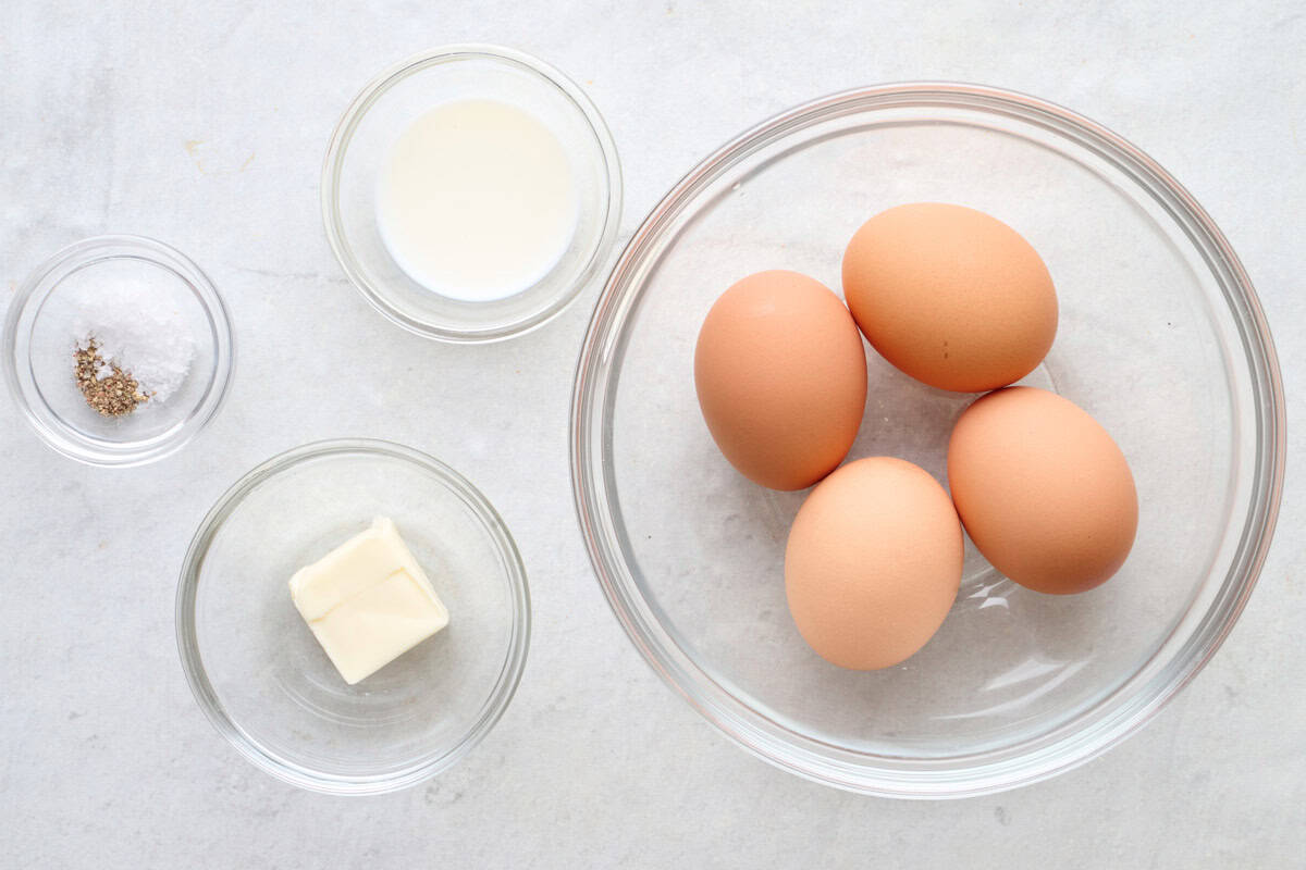 Ingredients for recipe: salt and pepper, butter, milk, and eggs.