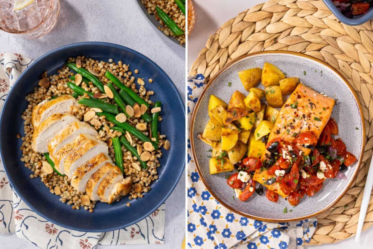 One-Pan Lemon Chicken and Couscous with green beans, Baked Feta Salmon with Lebanese-style potatoes